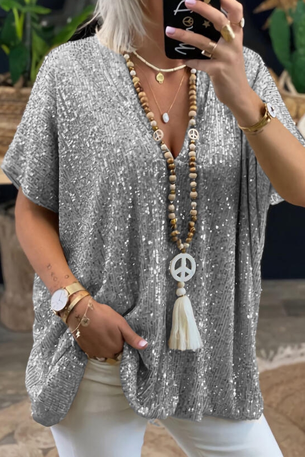 Sequins V Neck T-shirts