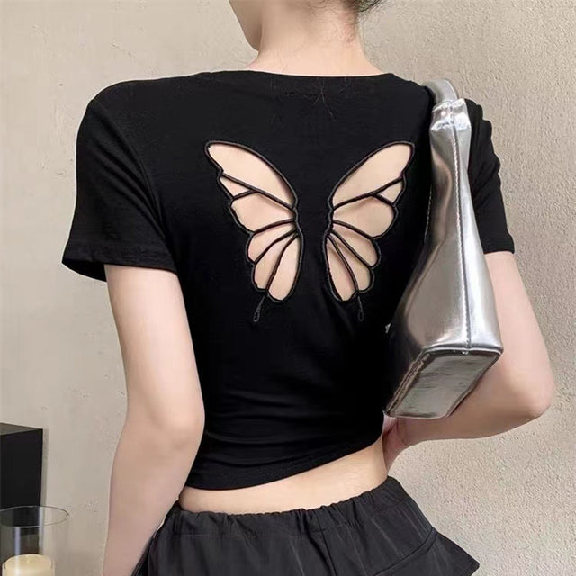 T-shirt Short Sleeve O Neck Slim Fit Crop Top Butterfly Hollow Backless for Tops Summer