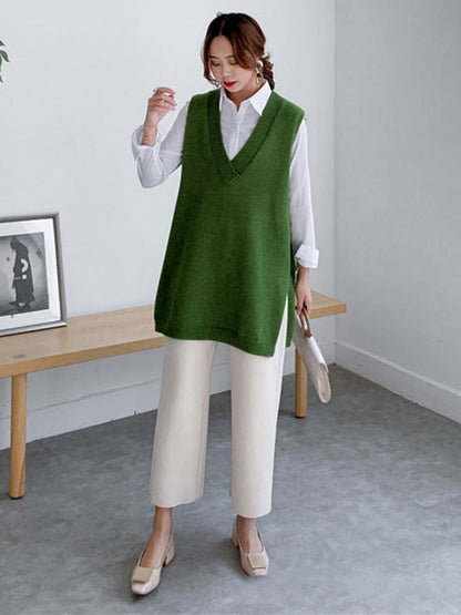 Sleeveless Split-side Color V-neck Knitted Vest
