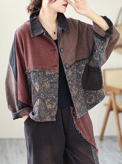 Contrast Color Fringed Split-joint Long Sleeves Printed Outwear + Harem Pants Two Pieces Set