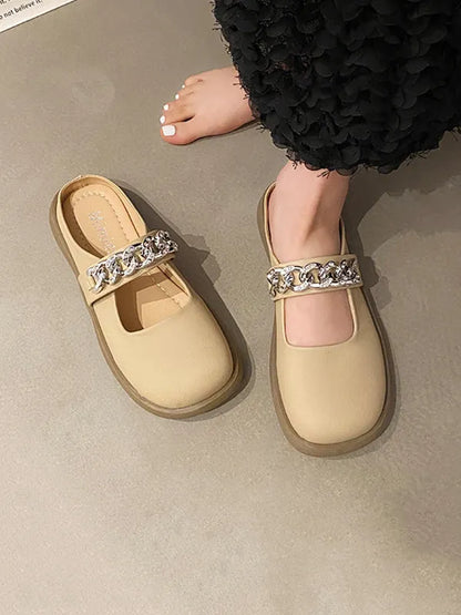 Chains Round-toe Shallow Cut Split-joint Mary Janes Slippers
