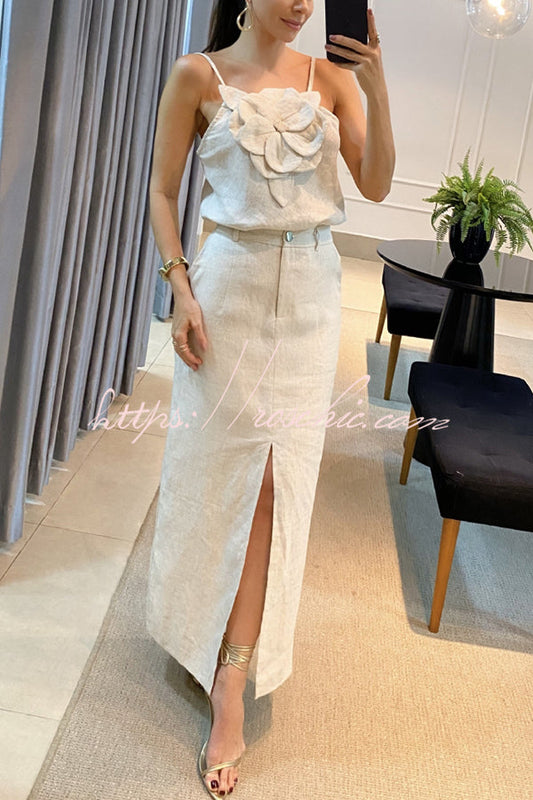 Charming Lady Linen Blend Embellishment Tank and High Rise Pocketed Slit Skirt Set