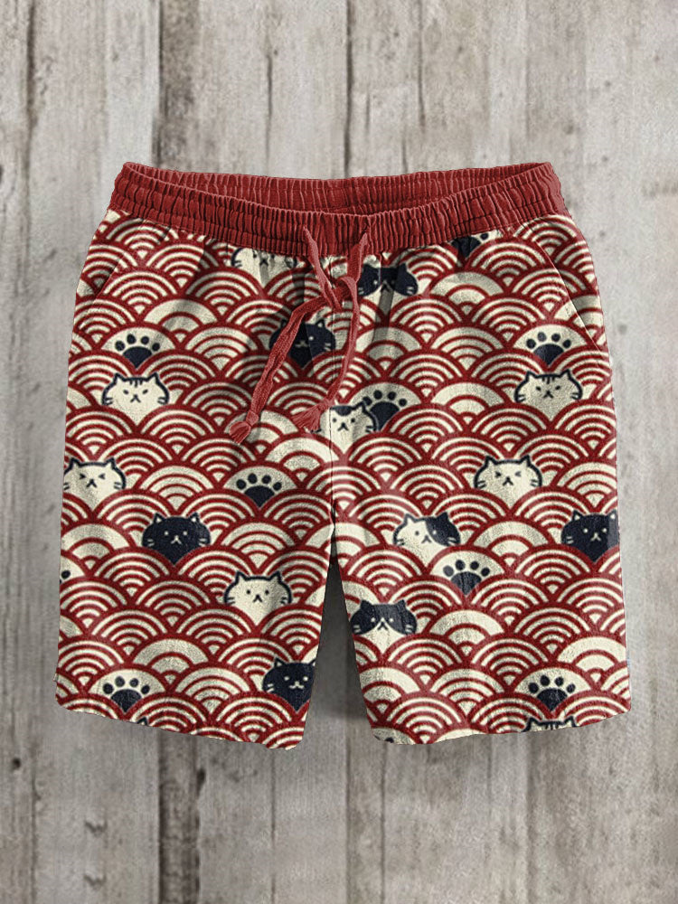 Japanese Waves And Cats Pattern Linen Blend Casual Shorts elevenforest