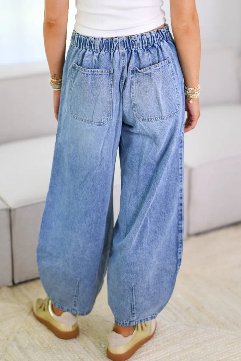 Distressed Pocket Lace Up Mid Waist Loose Denim Jeans