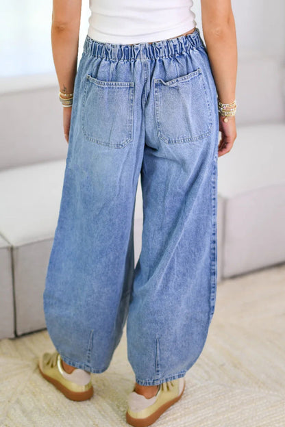 Distressed Pocket Lace Up Mid Waist Loose Denim Jeans