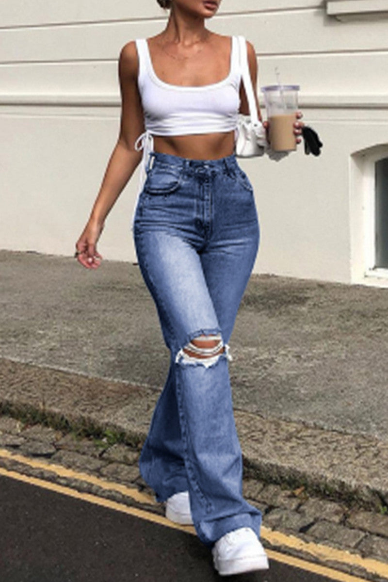 Ripped High Waist Straight Jeans(3 Colors)
