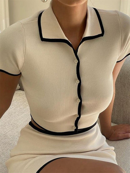 Tossy Knit Sweater 2 Piece-set Lapel Cropped Short Sleeve Cardigan and Mini Skirt Sets Female Knitwear Short Skirt Outfits