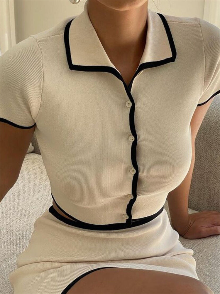 Tossy Knit Sweater 2 Piece-set Lapel Cropped Short Sleeve Cardigan and Mini Skirt Sets Female Knitwear Short Skirt Outfits