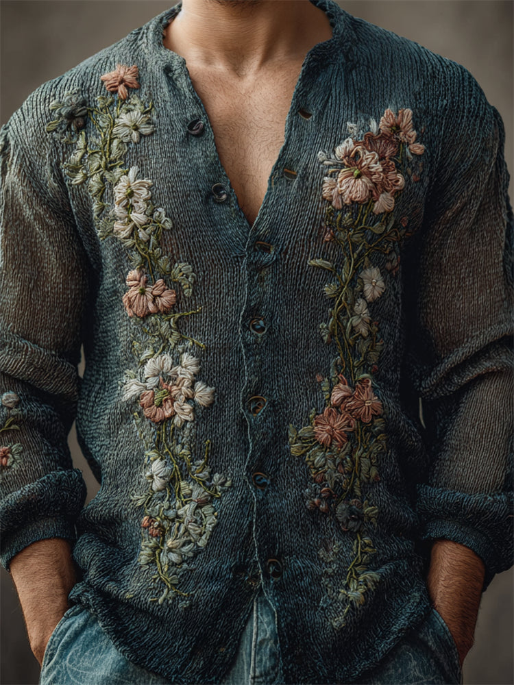 Men's Boho Floral Embroidered Comfy Knit Cardigan artswardrobe