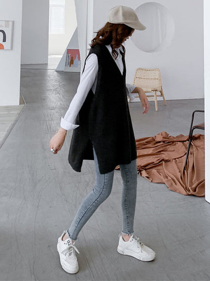 Sleeveless Split-side Color V-neck Knitted Vest