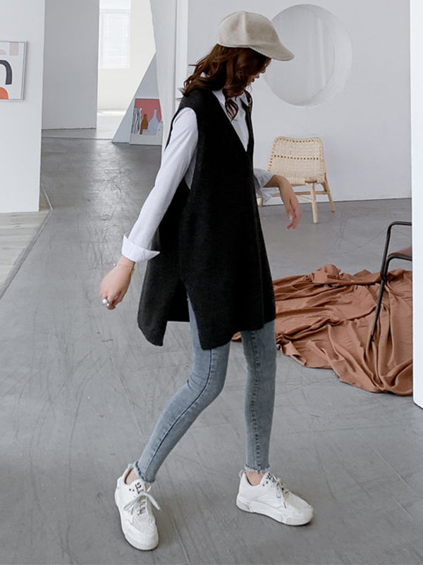 Sleeveless Split-side Color V-neck Knitted Vest