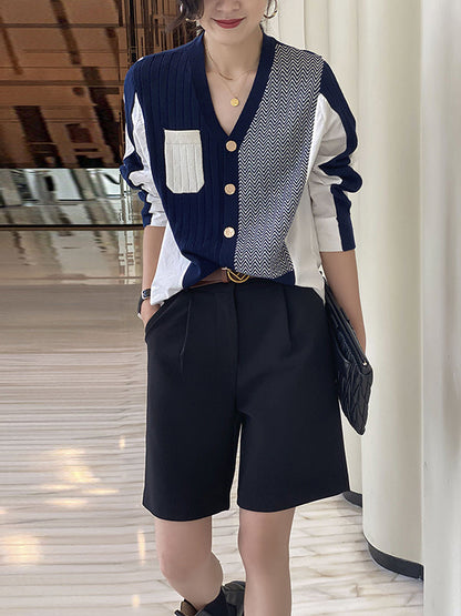 Urban Long Sleeves Contrast Color Split-joint V-neck Cardigan Tops