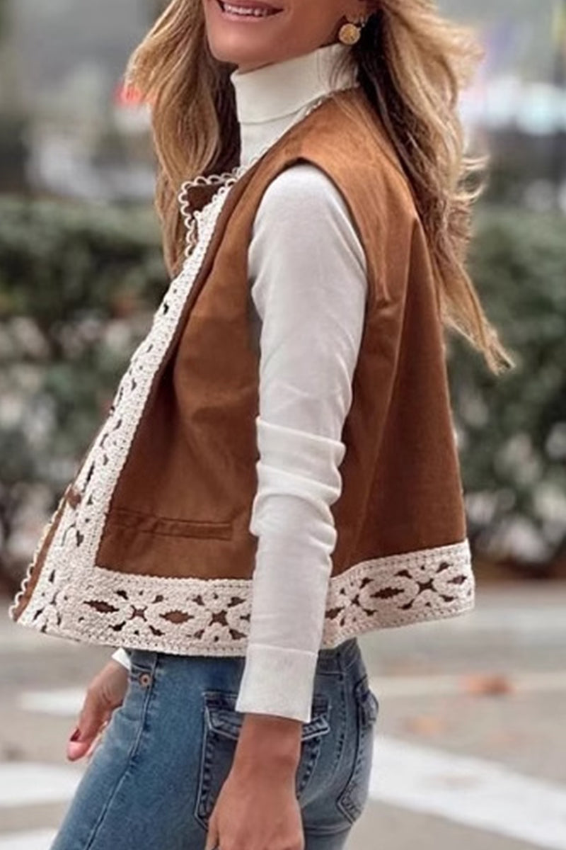 Color Lace Patchwork O Neck Waistcoats
