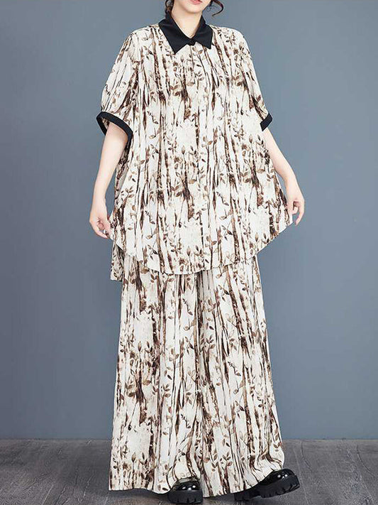 Half Sleeves High-low Buttoned Pleated Printed Split-side Lapel Blouses Top + Elasticity Pants Bottom Two Pieces Set