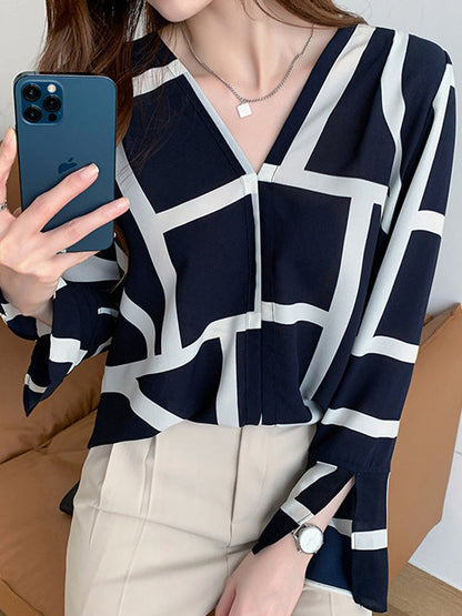 Flared Sleeves Long Sleeves Printed V-neck Blouses&shirts Tops