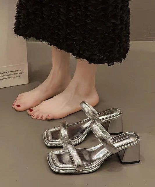 French Silver Chunky Heel Slide Sandals Peep Toe Oi043
