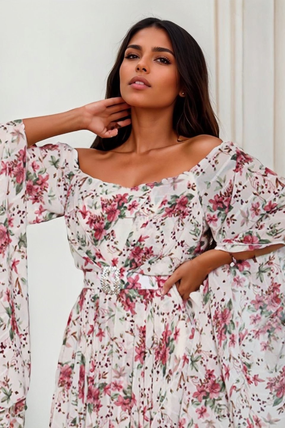 Clara Printed Off-shoulder Belted Maxi Dress