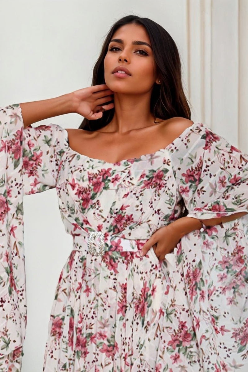 Clara Printed Off-shoulder Belted Maxi Dress