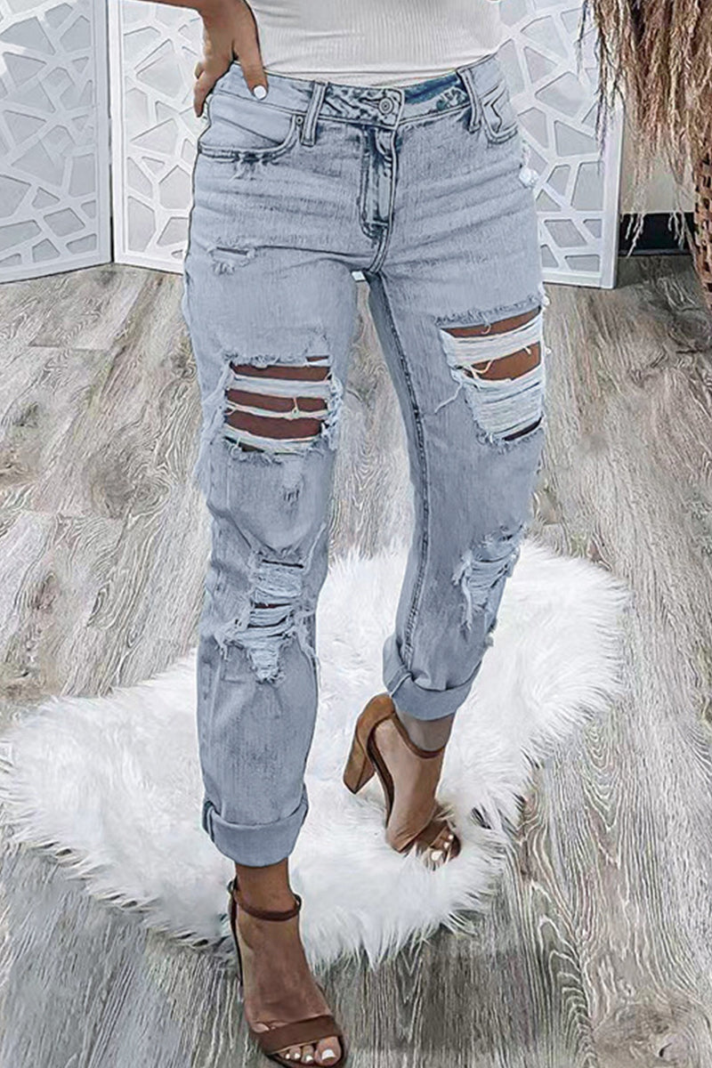 Street Ripped Hollowed Out Regular Denim Jeans