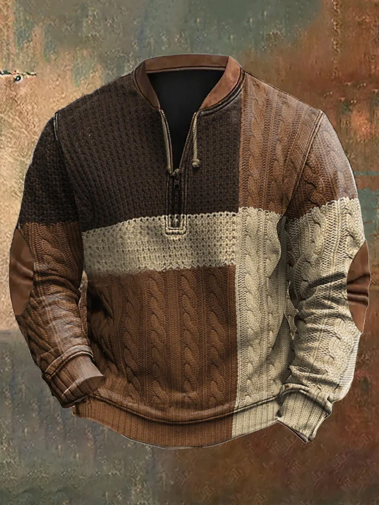 Men's Vintage Knit Print Zip-Up Sweatshirt elevenforest