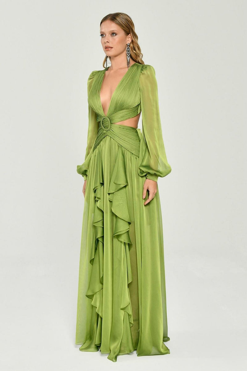 V-neck Ruffle Split Lantern Sleeve Maxi Dress