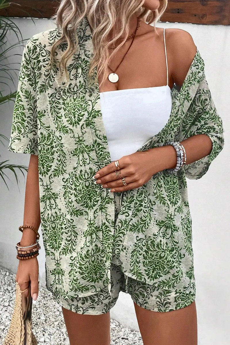 Open Top and Shorts Set Green Outfit