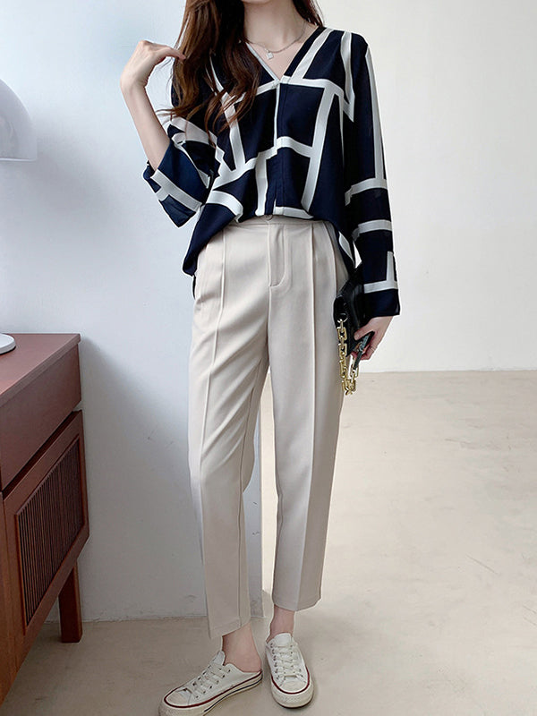 Flared Sleeves Long Sleeves Printed V-neck Blouses&shirts Tops
