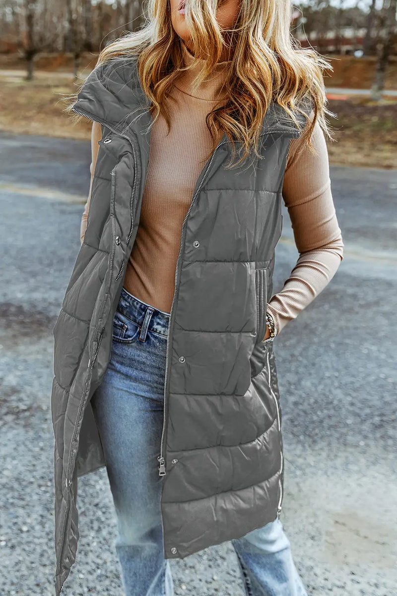 Stylish Dark Grey Quilted Hooded Long Vest Coat