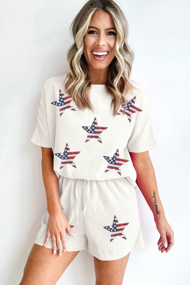 White Waffle Sequin American Flag Star Shorts Set