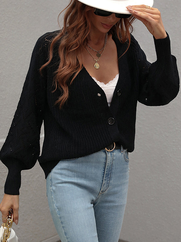 Long Sleeves Loose Color V-neck Cardigan Tops