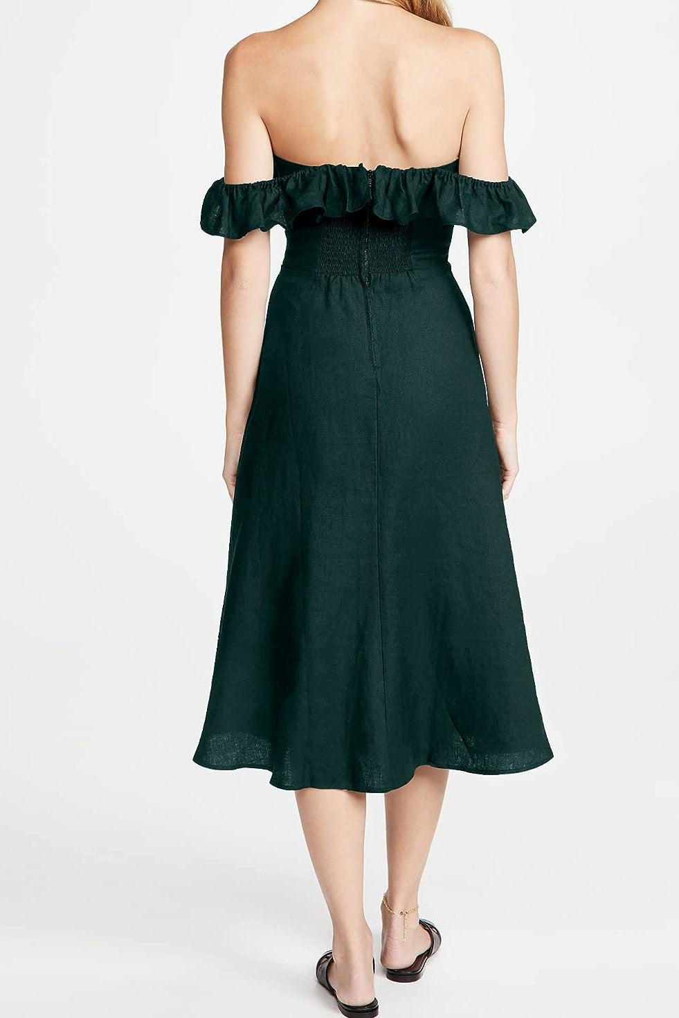 Ruffle Hem Square Collar Slit Midi Dress Green