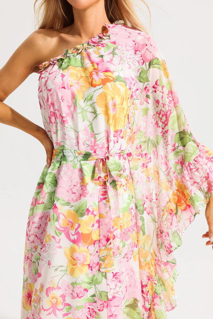 Ruffle Asymmetric One Shoulder Midi Dress