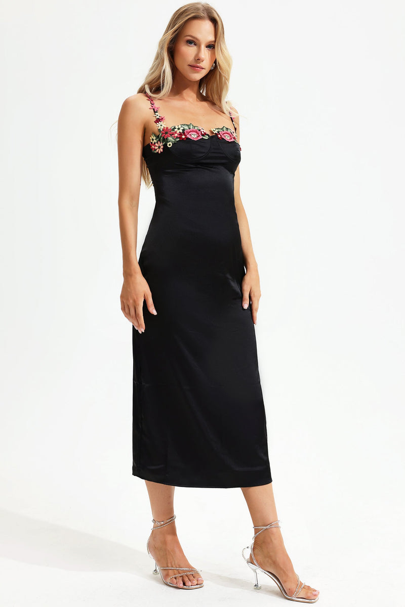 Satin Flower Embroidery Trim Cami Midi Dress Black