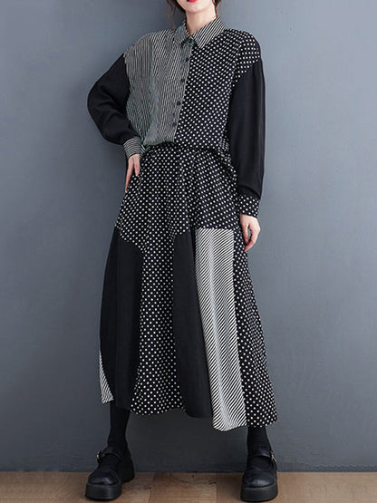 Loose Oversize Striped Polka-dot Split-joint Blouse Top A-line Skirt Bottom Two Pieces Set
