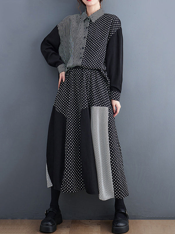 Loose Oversize Striped Polka-dot Split-joint Blouse Top A-line Skirt Bottom Two Pieces Set