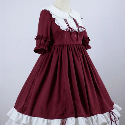 Japanese Kawaii Peter Pan Collar Lolita Dresses Patchwork Bowknot Ruffles Sweet Vestido Princess Party Femme Robe