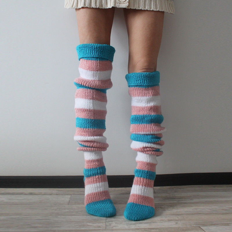 Striped Over The Knee Knitted Pile Socks elevenforest