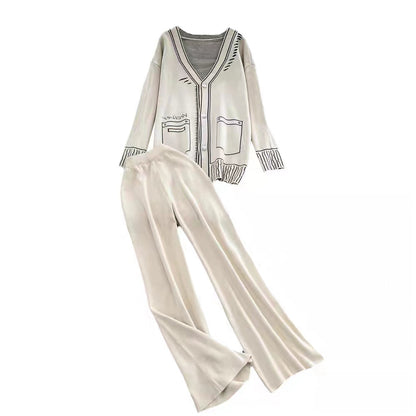 Long Sleeve V Neck Jacquard Knitted Sweater Jacket Two Piece High Waist Wide Leg Pants
