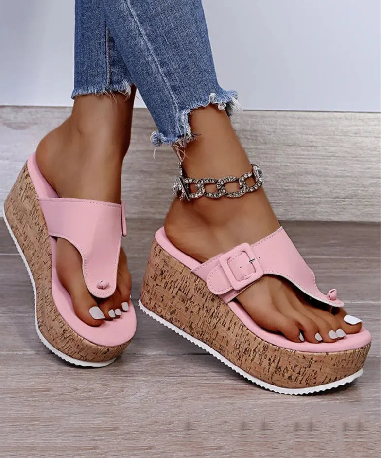 White Wedge Heels Splicing Flip Flops Slide Sandals Uu007