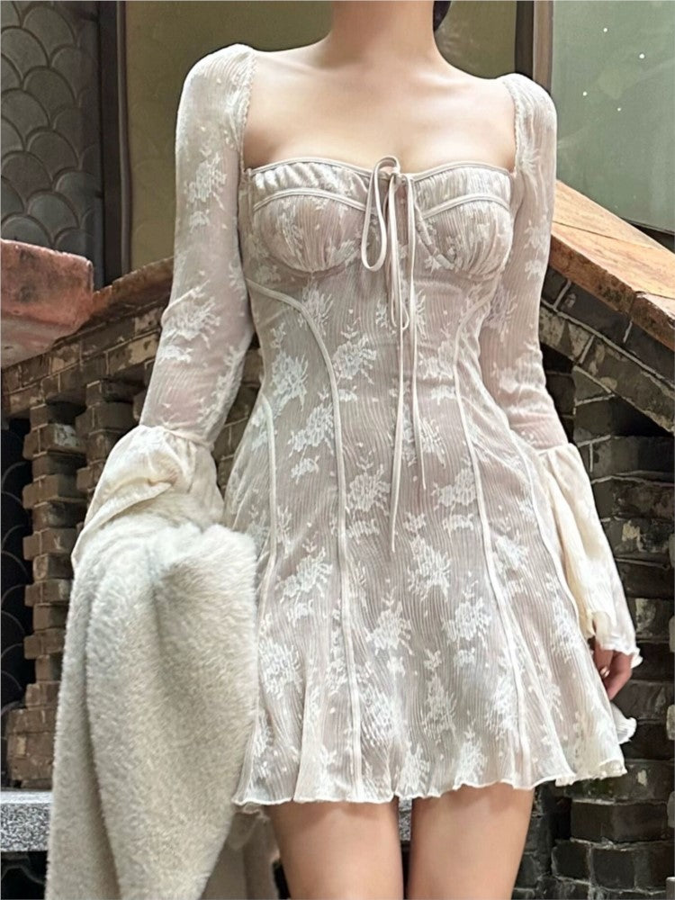 French Lace Mini Dress Y2k Off Shoulder Lace Up Ruffles A-line Autumn Spring Long Sleeve Party Dress Prom Vestidos