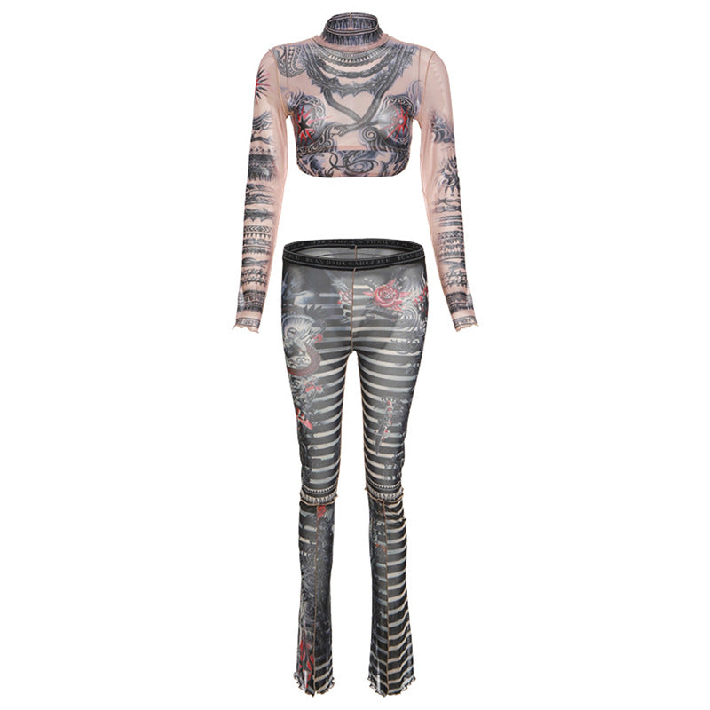 Spring Summer Print Round Neck Cropped Long Sleeve Skinny Pants Set