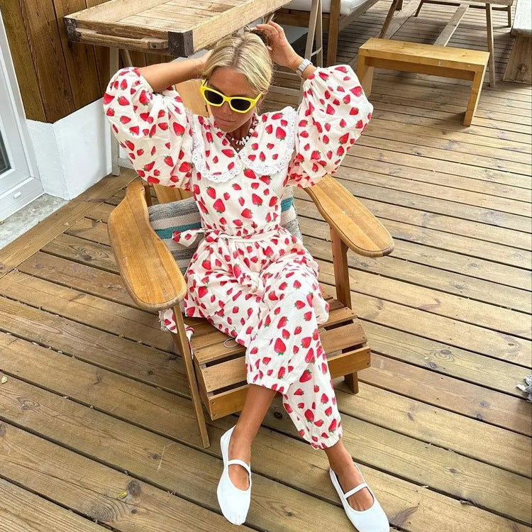 Strawberry Printed Peter Pan Collar Lace Up Loose Top Ankle Banded Pants Spring Wear Suit