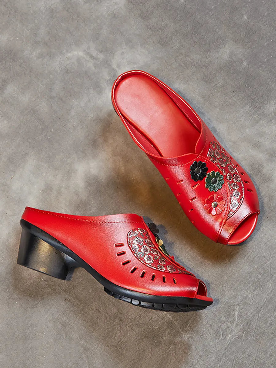Summer Leather Flower Mid-heel Sandals Oo1050