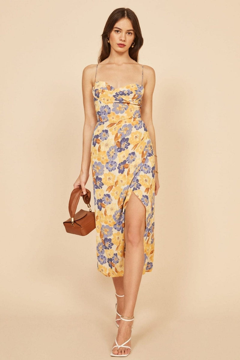 Cami Lace Up Slim Slit Midi Dress Yellow