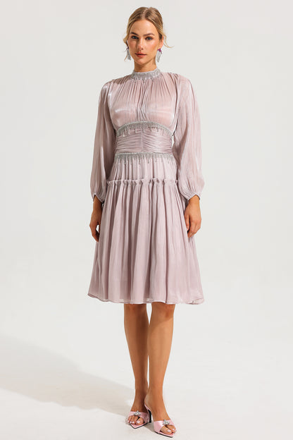 Rhinestone Ruched Long Sleeve Ruffle Midi Dress