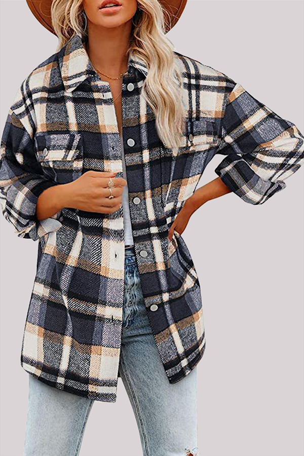 Plaid Pocket Buckle Turndown Collar Outerwear(8 Colors)