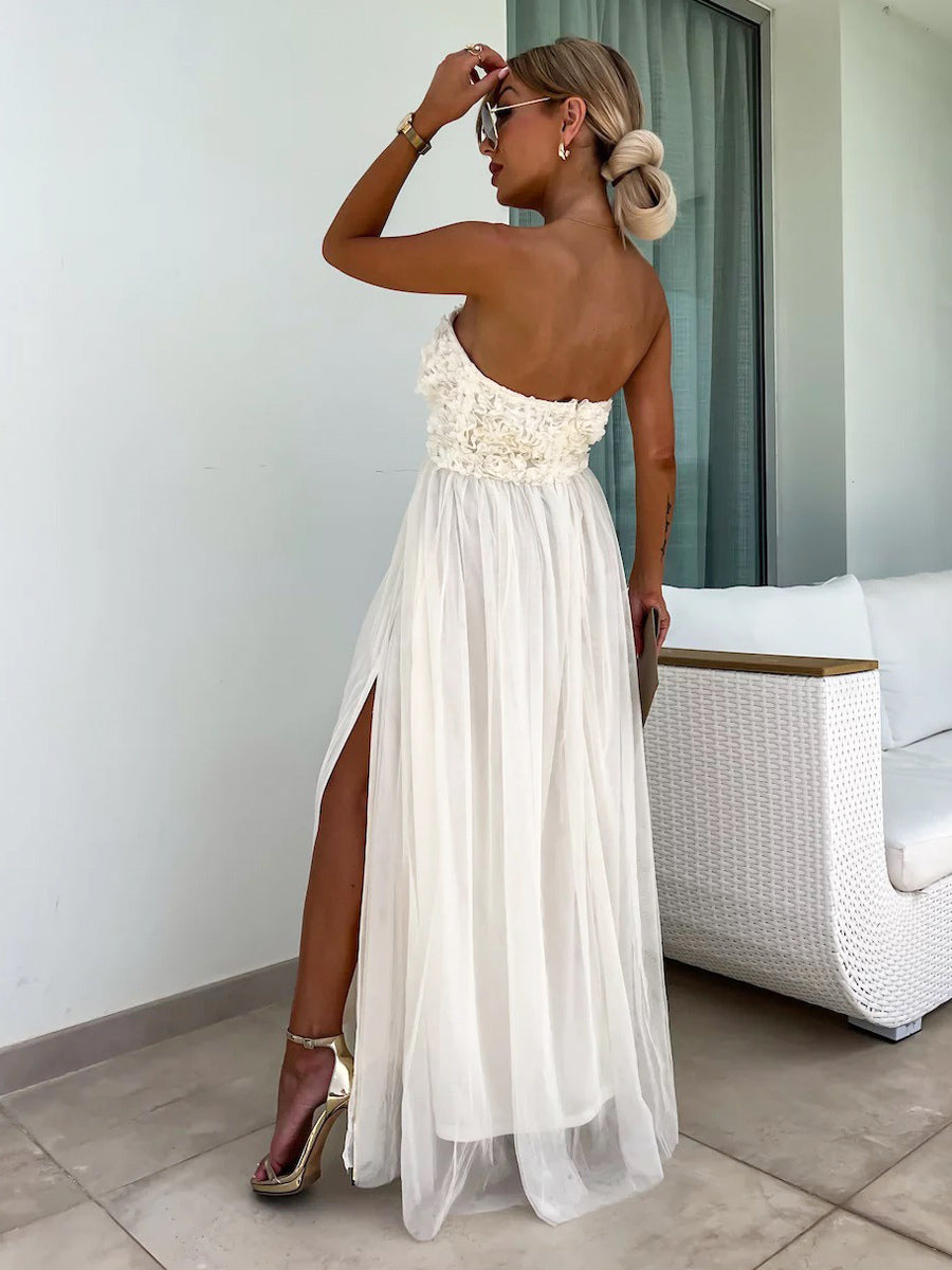 A-line Dress Ruffles Tulle High Slit Off the Shoulder Backless Party Maxi Dresses