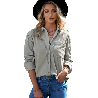 Color ’s Autumn Winter Corduroy Cardigan Shirt With Breasted Collar and Pocket