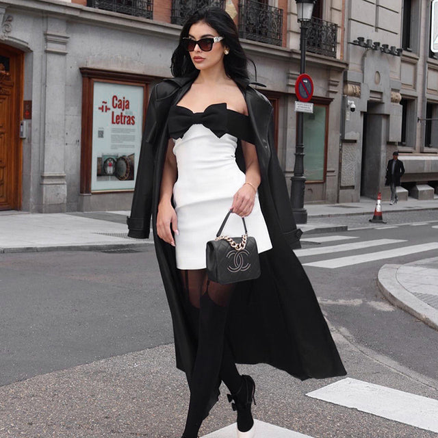 Noble Wrap Strapless Bow Patchwork Hipster Mini Dress Sleeveless Off Shoulder Skinny Prom Occasion Wear