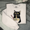 Vintage Black Noodle Cat Pattern Print Ladies Sweatshirt elevenforest